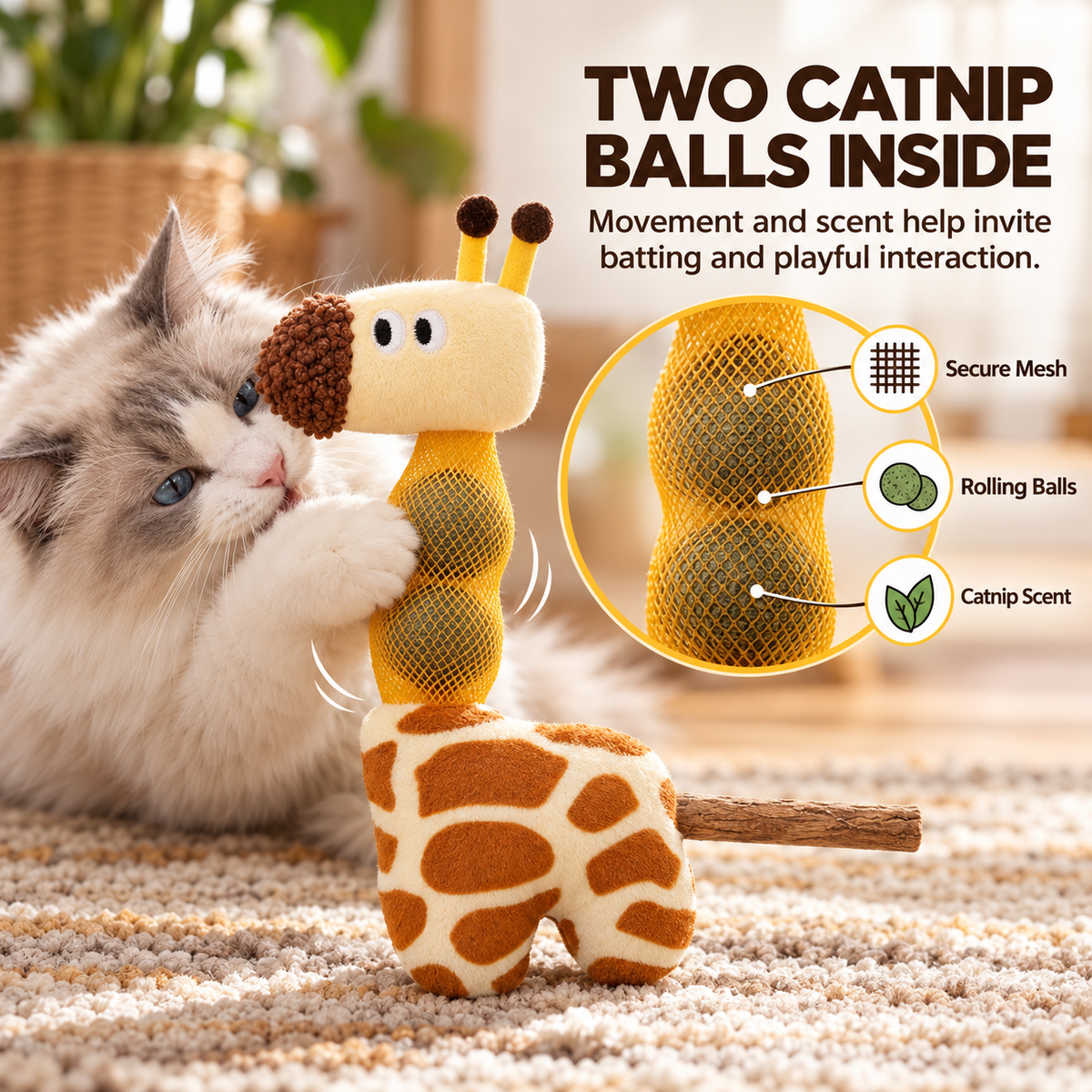 Giraffe Catnip Plush Toy with 2 Catnip Balls & Chew Stick Fursera