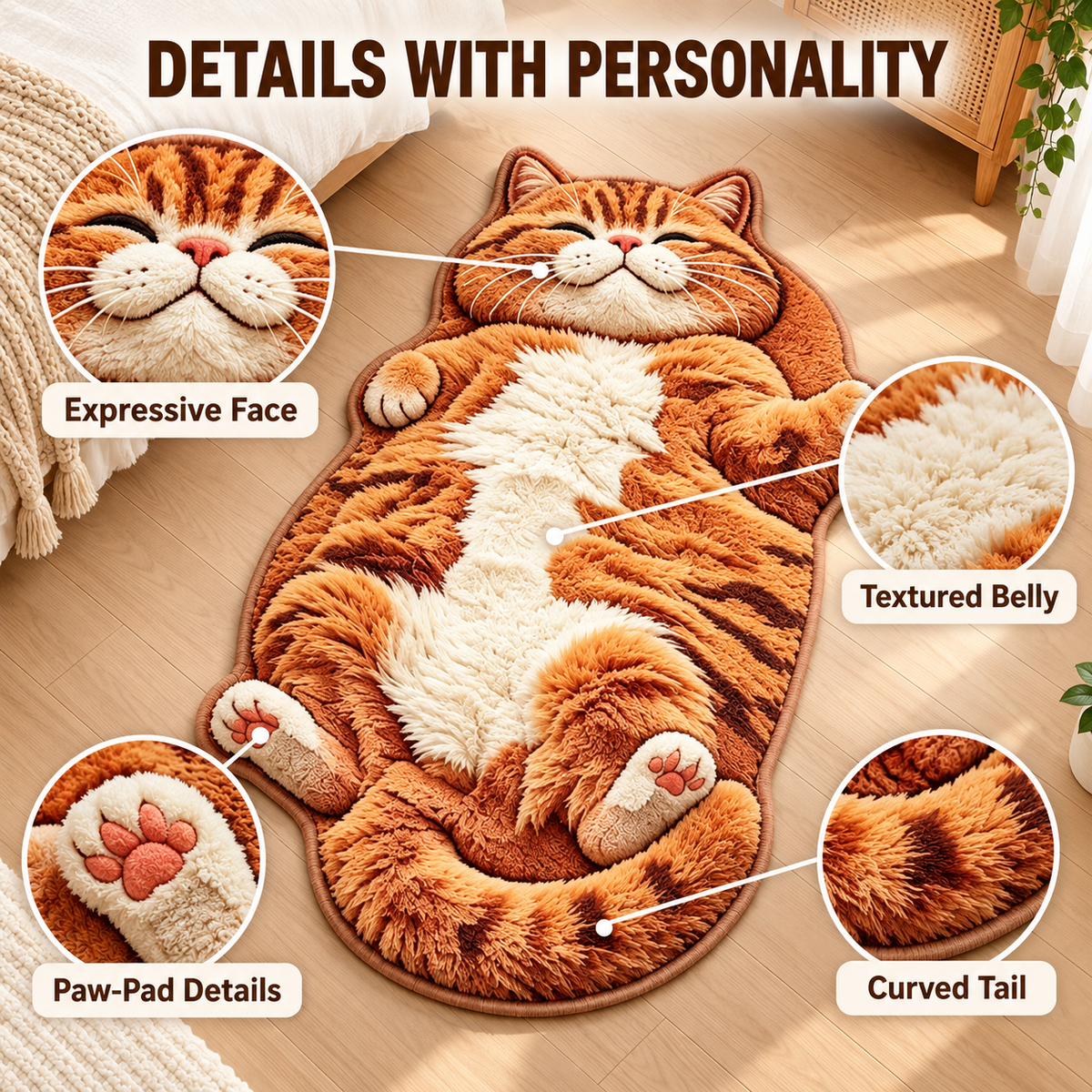 Orange Tabby Cat-Shaped Rug – Plush Accent Rug for Bedrooms & Living Rooms Fursera