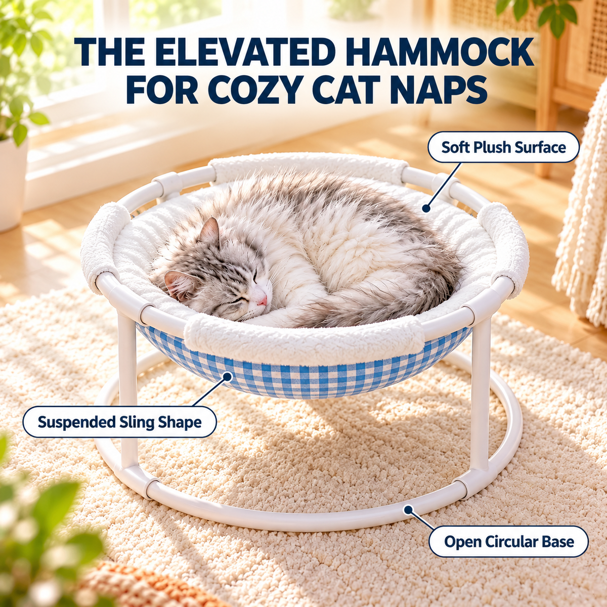 Elevated Cat Hammock Bed with Soft Plush Lining & Gingham Fabric Fursera