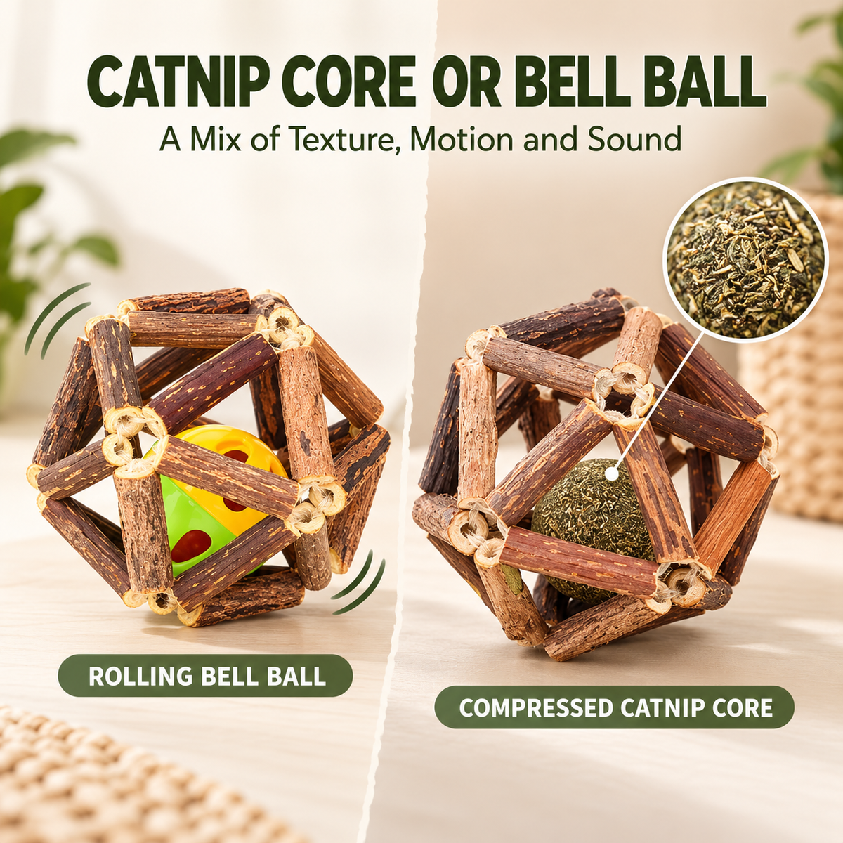 3-Piece Silvervine Cat Toy Ball Set with Catnip Cores & Bell Ball Fursera