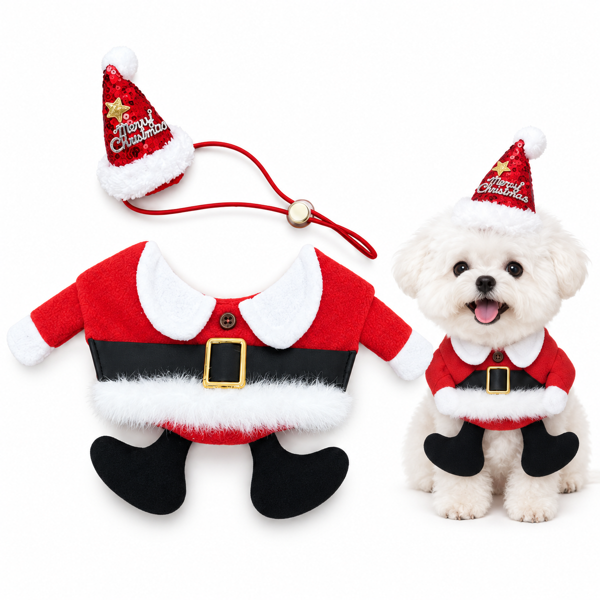 Christmas Pet Santa Costume & Sequin Hat for Cats and Small Dogs Fursera