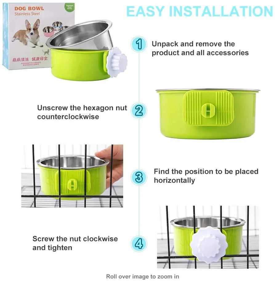 Hanging Dog & Cat Bowl – Stainless Steel Cage Feeding Bowl