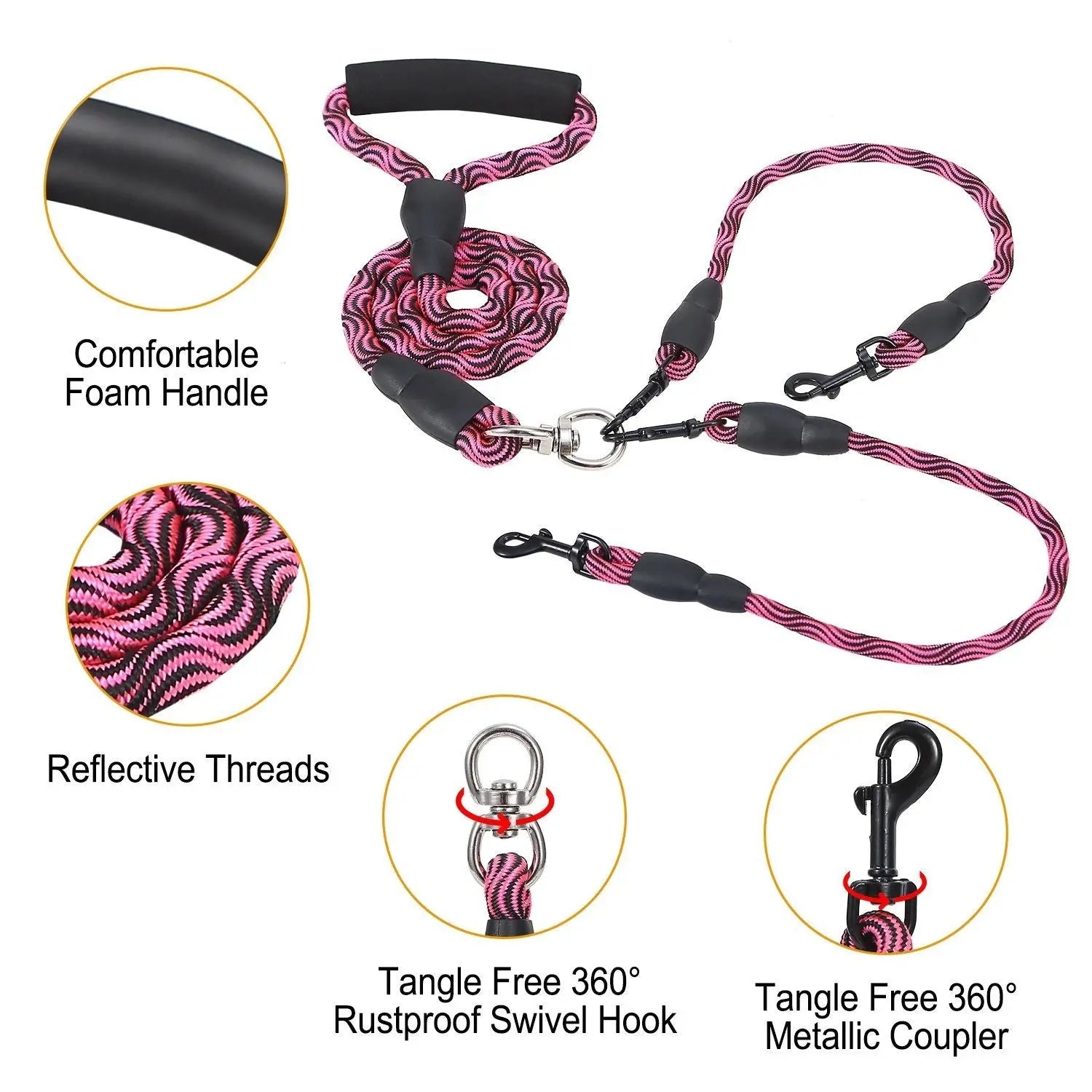 Dual Dog Leash – No-Tangle Reflective Leash with Padded Handle