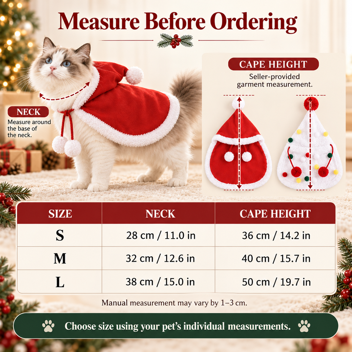 Christmas Hooded Pet Cape for Cats & Small Dogs – Pom-Pom Costume Fursera