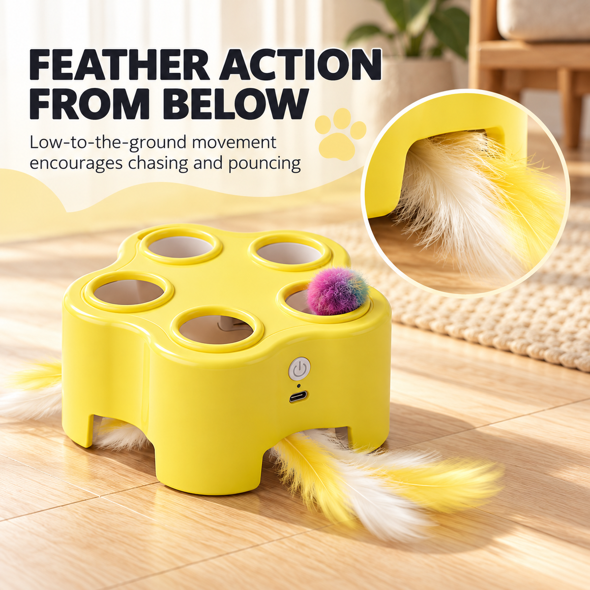 Rechargeable Pop-Up Cat Toy – 3-Mode Pom-Pom & Feather Teaser Fursera