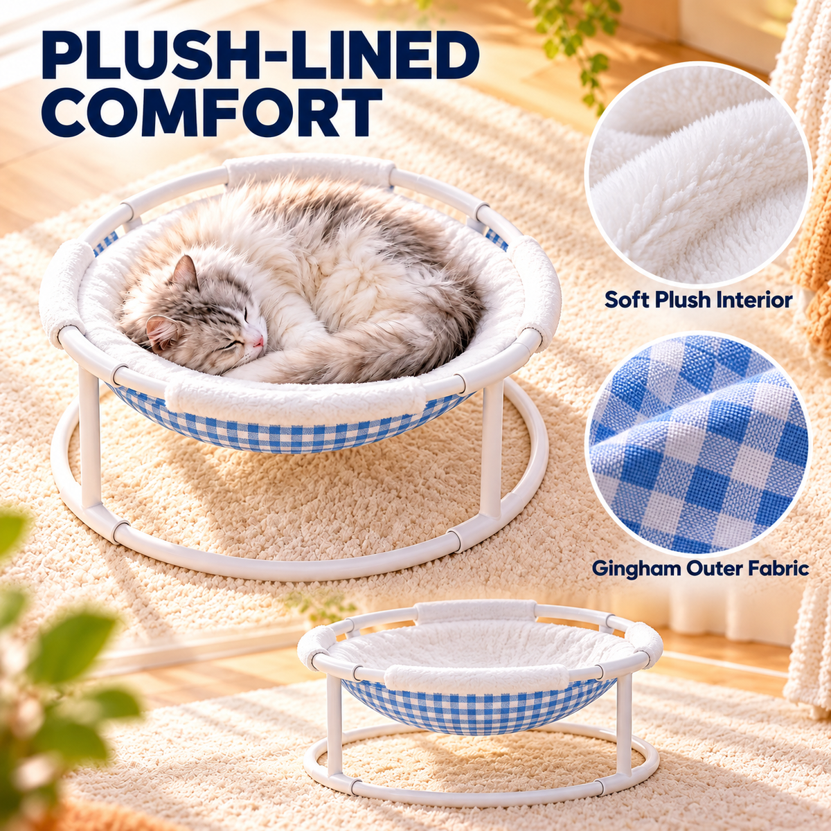 Elevated Cat Hammock Bed with Soft Plush Lining & Gingham Fabric Fursera
