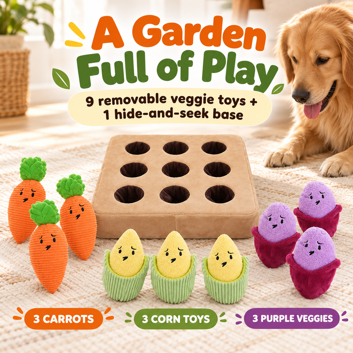 Vegetable Hide-and-Seek Dog Puzzle Toy – 9 Squeaky Plush Veggies Fursera