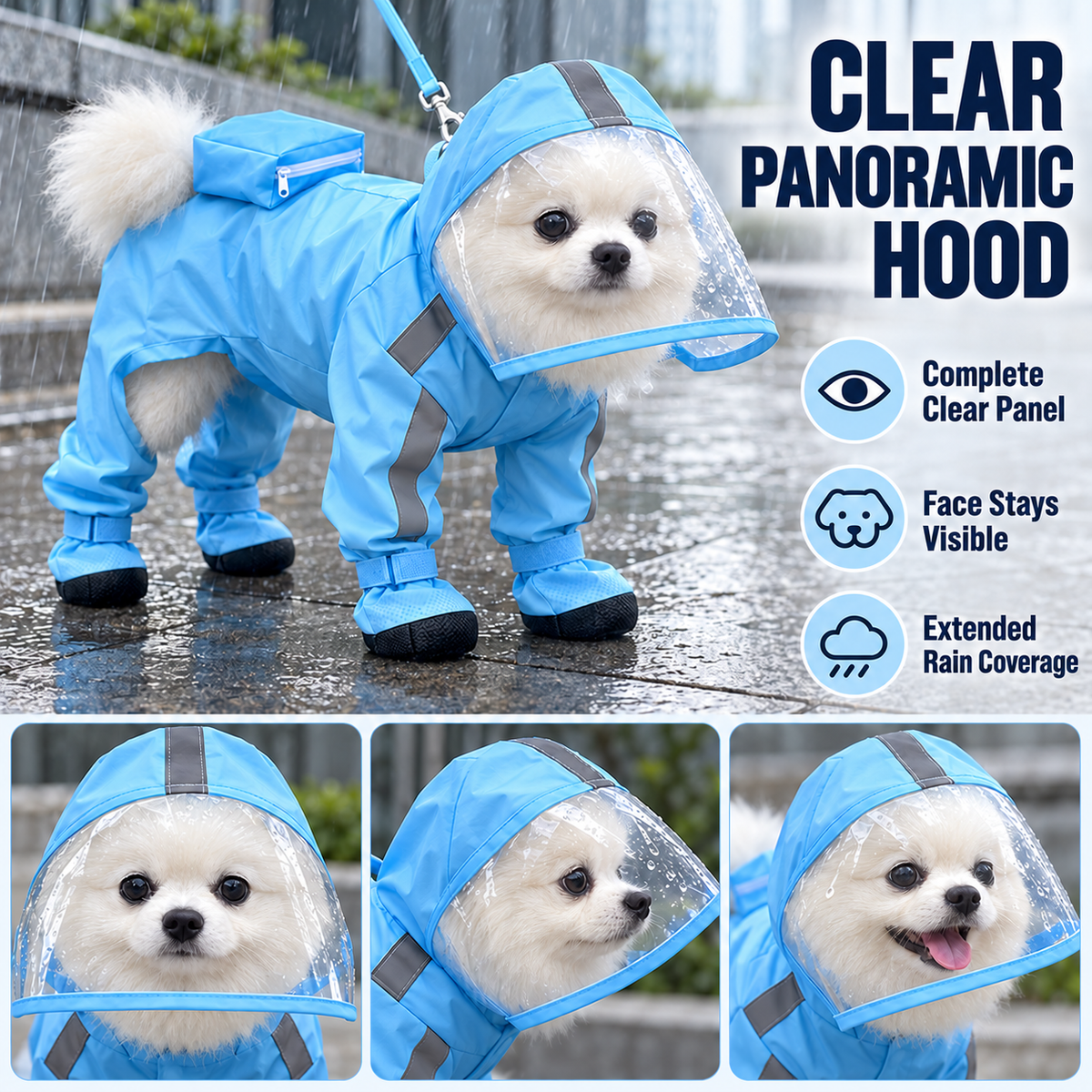 Full-Body Dog Rain Suit with Clear Hood & Attached Paw Covers Fursera