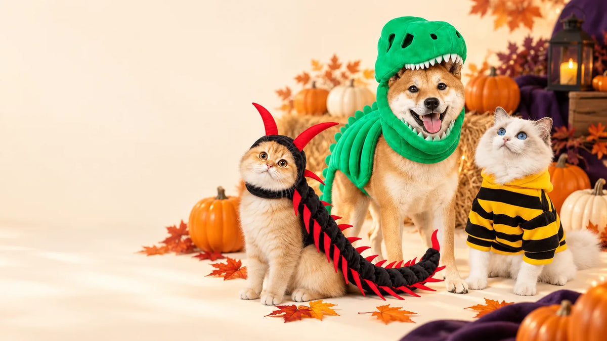 A dog and cat wearing dinosaur and centipede Halloween costumes in a warm autumn scene