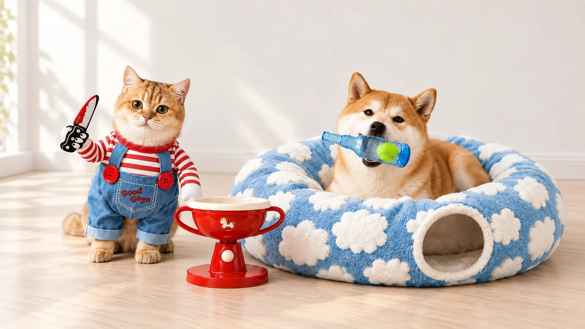 A cat in a playful costume and a dog resting in a blue cloud tunnel bed, with Fursera pet products